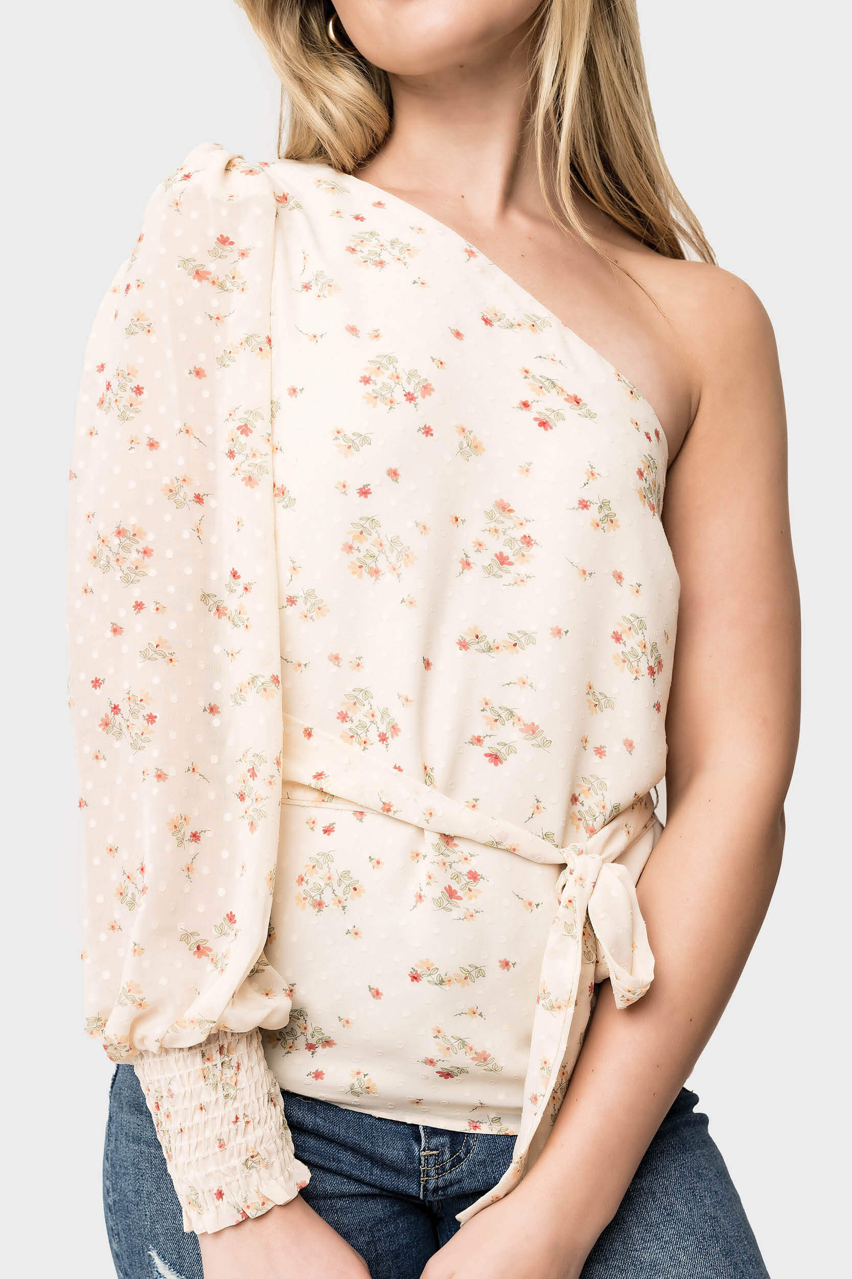 Lovely One Shoulder Smocked Cuff Blouse | Gibson