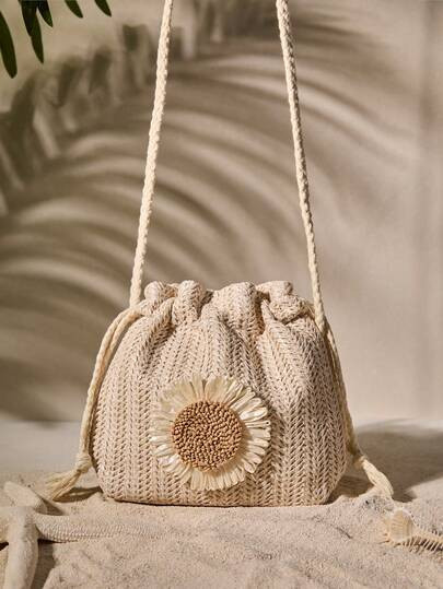 Lightweight, Portable, Classic, Casual Fashionable Solid Color Mini Crossbody Bag With Drawstring Closure & Small Daisy Ornament For Simple Commute & Dating For Teen Girls Women College Students Perfect For Office, College, Middle School, High School, Work, Business, Commute, Outdoors, Travel, Outings, Shopping, Holiday, Beach, Vacation Vacay Vibes Vacation Relax Beach Autumn Winter Gifts ,Vacation Essentials Cottagecore,SummerOutfit | SHEIN