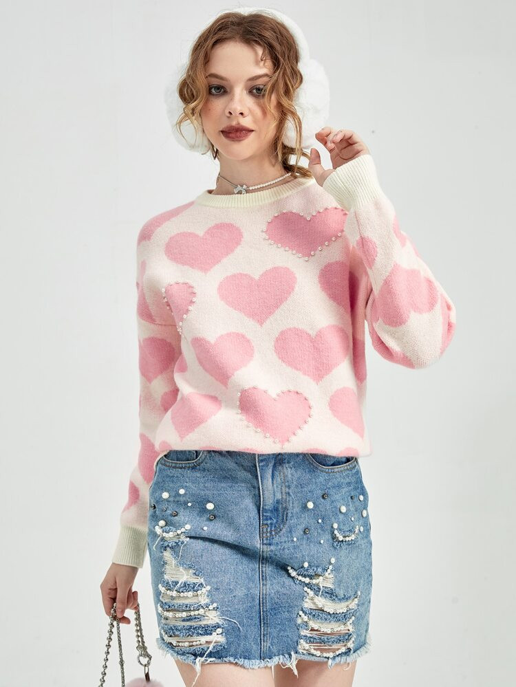 SHEIN MOD Heart Pattern Drop Shoulder Sweater | SHEIN