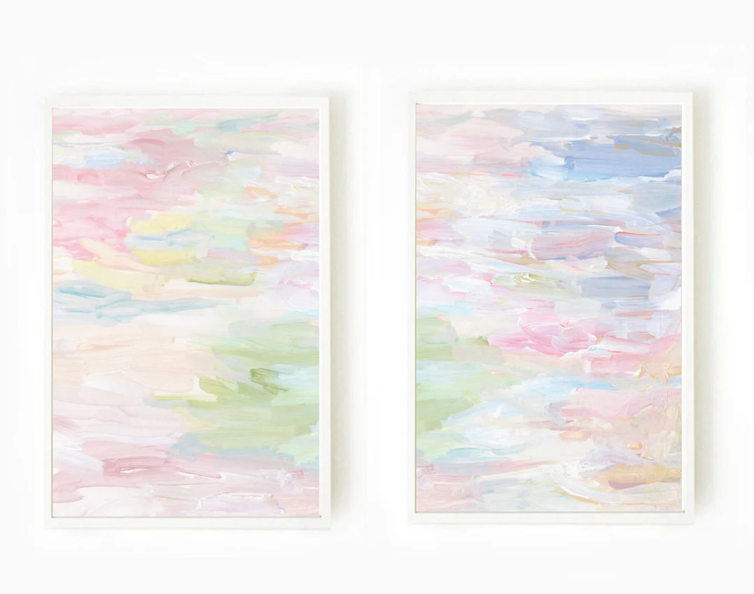 Pastel Abstract Landscape Wall Art Set of 2 Prints Light Pink Green Blue Abstract Painting Colorf... | Etsy (US)