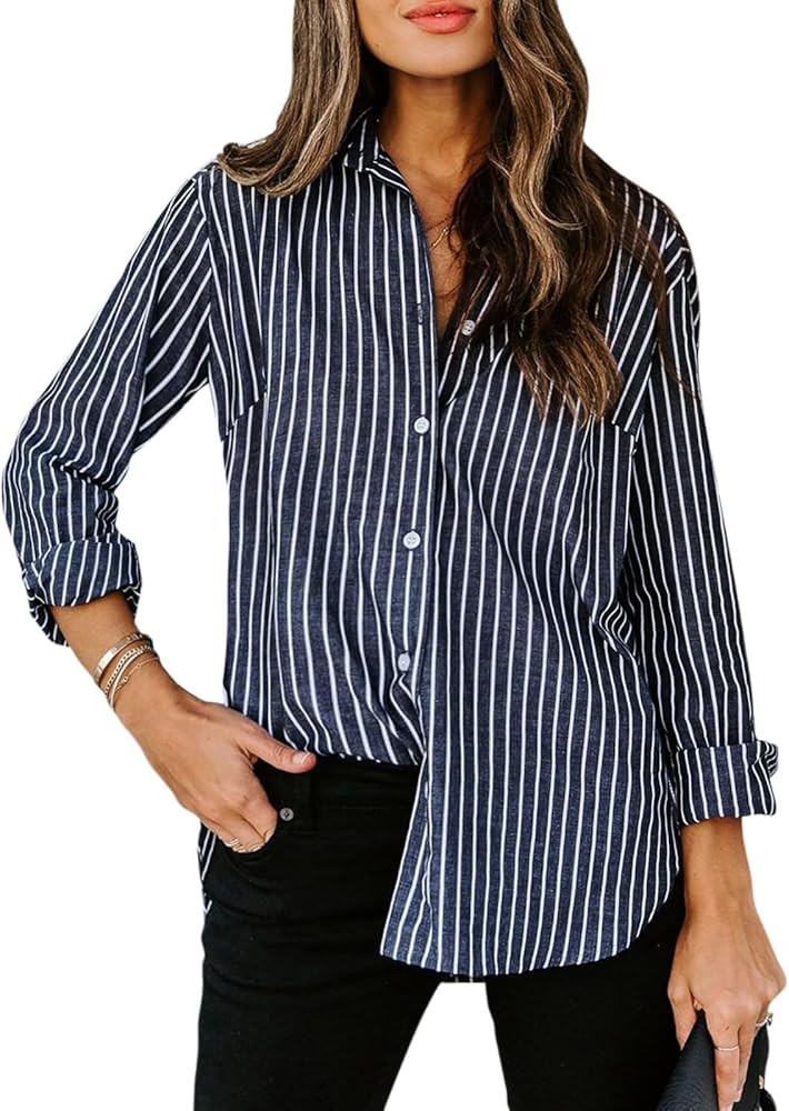 siliteelon Womens Button Down Shirts Cotton Striped Dress Shirt Long Sleeve Collared Office Work ... | Amazon (US)