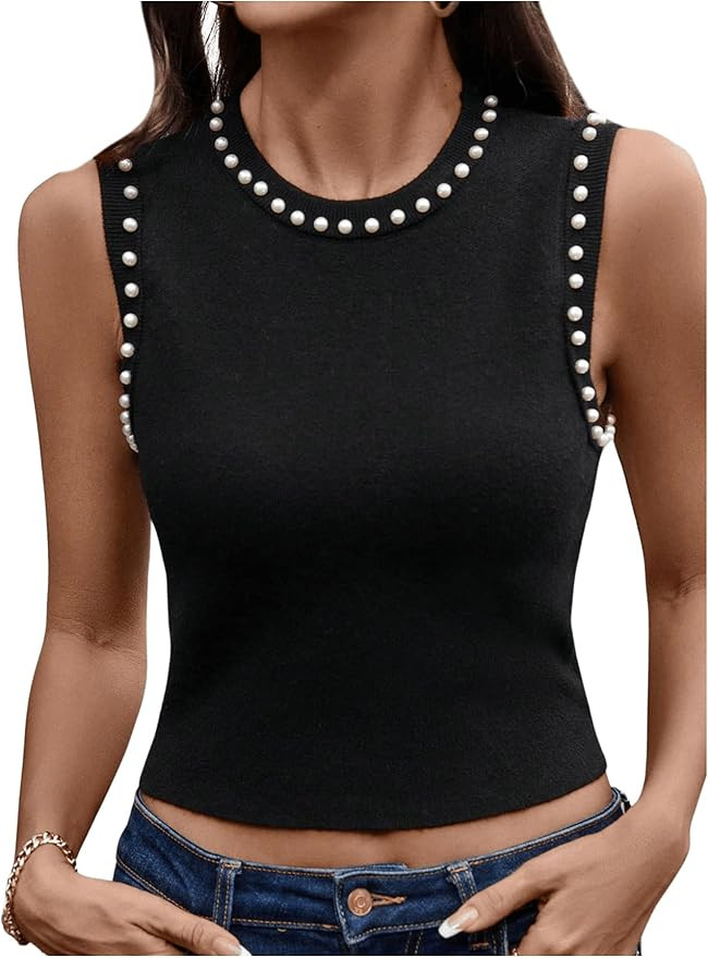 Verdusa Women's Pearl Top Sleeveless Crop Sweater Crew Neck Fitted Elegant Knit Sweaters | Amazon (US)