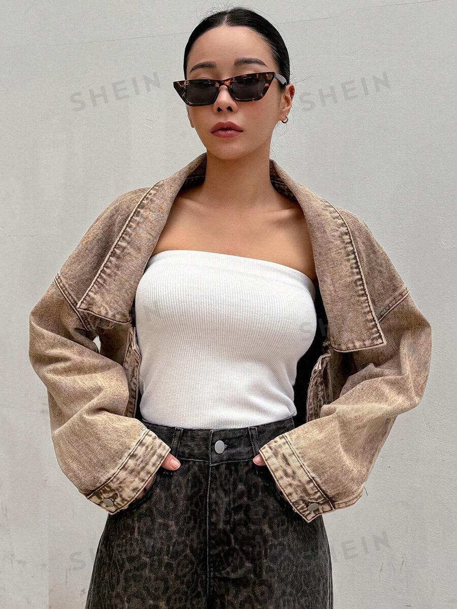 DAZY Plain Collared Casual Long Sleeve Denim Jacket | SHEIN