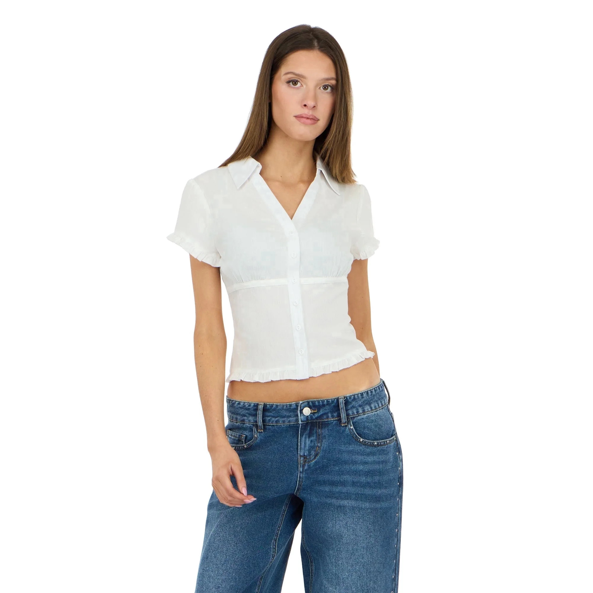 Forever 21 Women’s Collared Button Down Top with Ruffle Hem, Cinched Fit, White, XS | Walmart (US)