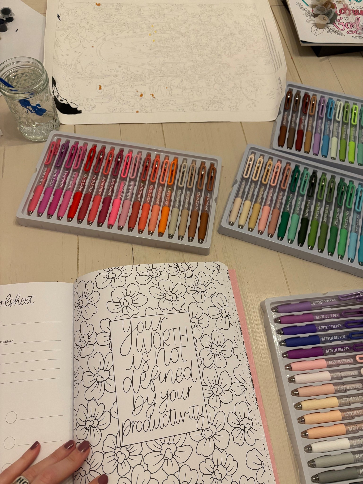 Acrylic paint gel pens and pretty coloring books! I’ve been on a coloring kick lately. It’s been really helping quite my mind 🩷

