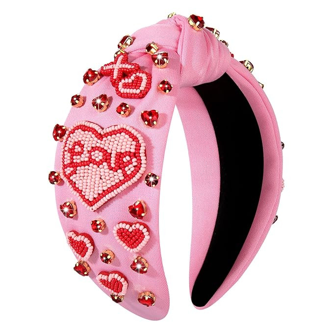 Valentine's Day Headbands for Women Rhinestone Beaded Heart Headband Pink Red Crystal Knotted Hea... | Amazon (US)