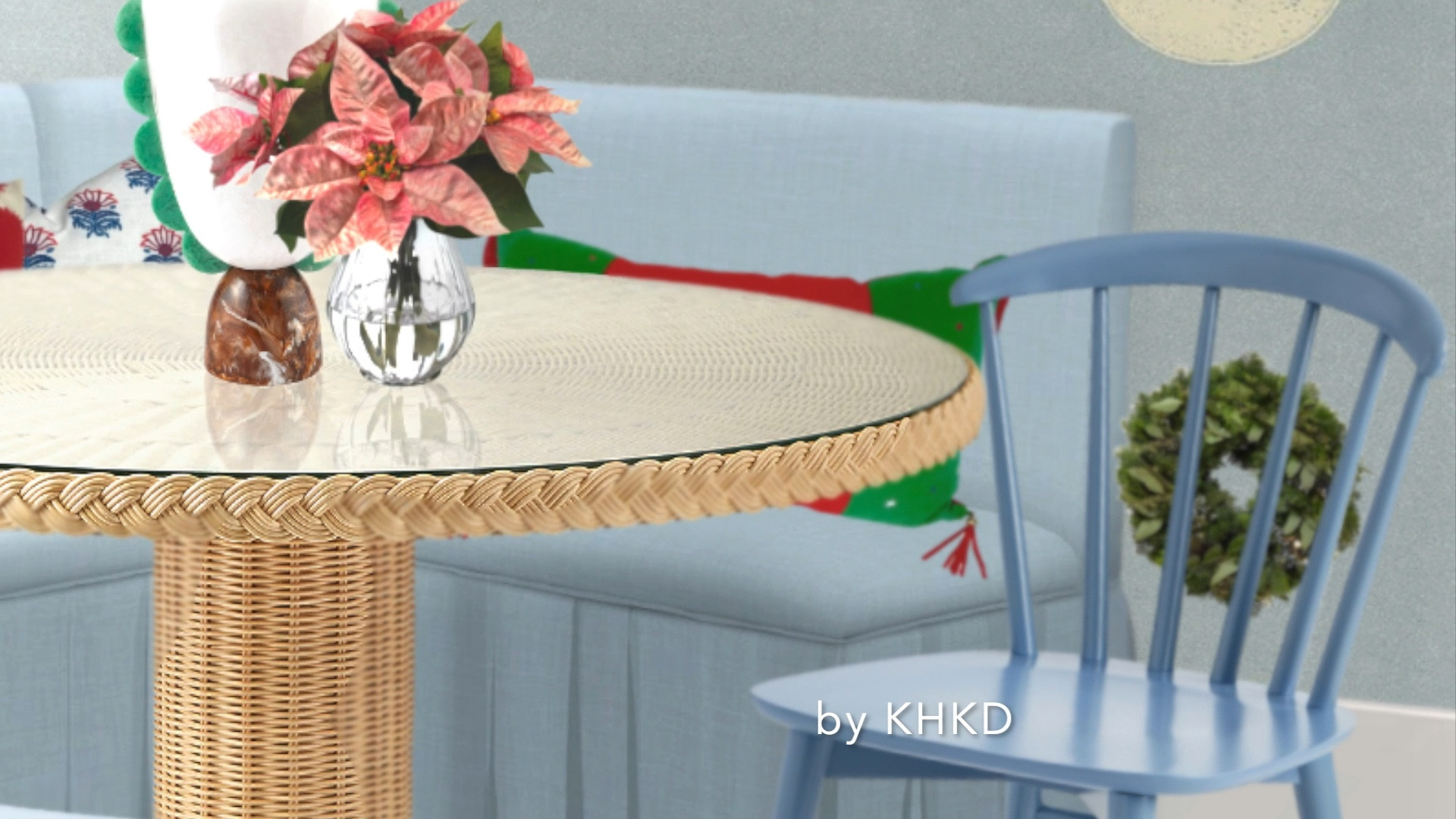 This festive  breakfast  nook we designed is enveloped by playful polka dot  wallpapers and feature a color  palette of blue, green , red and gold hue. A rattan round dining table with  the braided detailing is the focal point while a chic banquet and classical spindle chairs are warm and inviting. The blue modern handknotted rug continues the coastal chic and brings in an extra layer of comfort.  #ChristmasDecor

#LTKSaleAlert #LTKHome #LTKHoliday