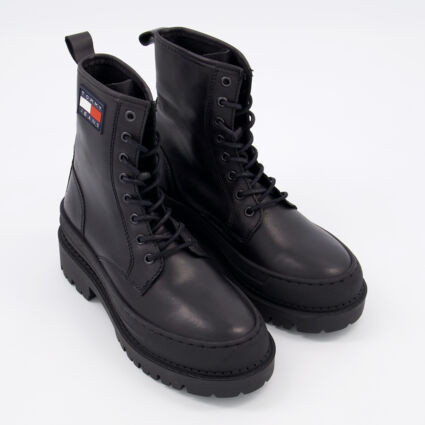 Black Leather Chunky Flat Ankle Boots | TK Maxx