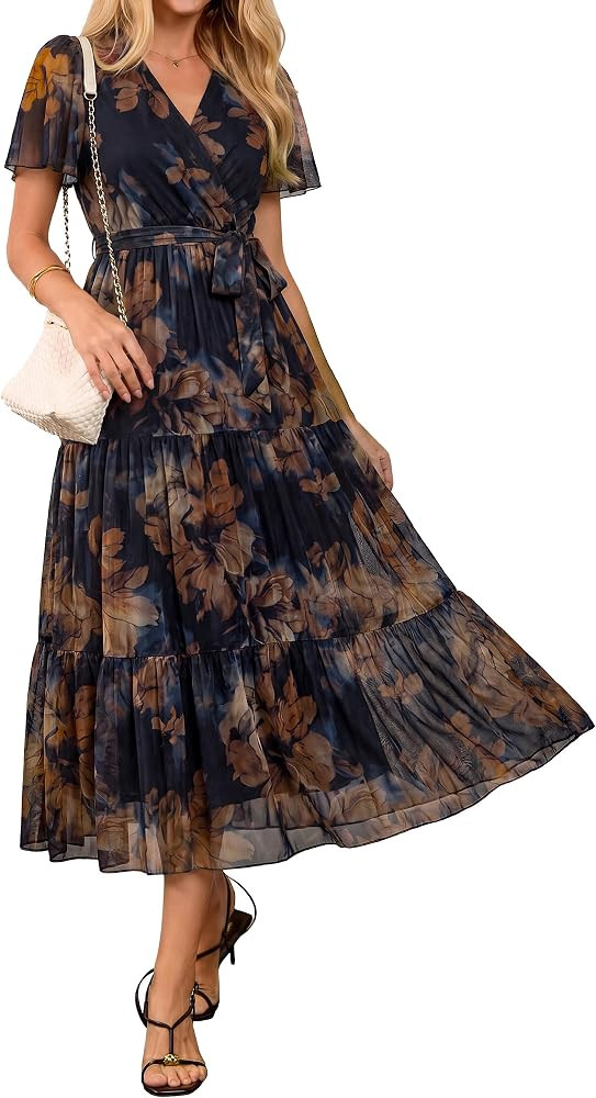 BerryGo Womens Summer Floral Maxi Dress Wedding Guest Casual Flowy Short Sleeve V Neck Boho Cockt... | Amazon (US)