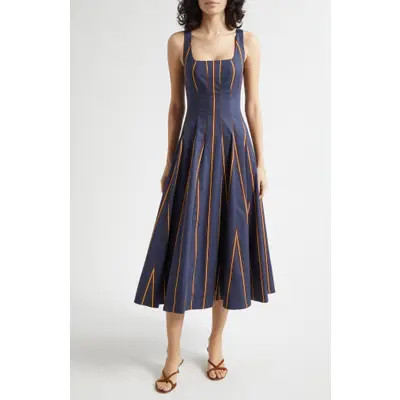 STAUD Wells Stripe Stretch Cotton Poplin Midi Dress in Monday Stripe Lobster at Nordstrom, Size 16 | Nordstrom