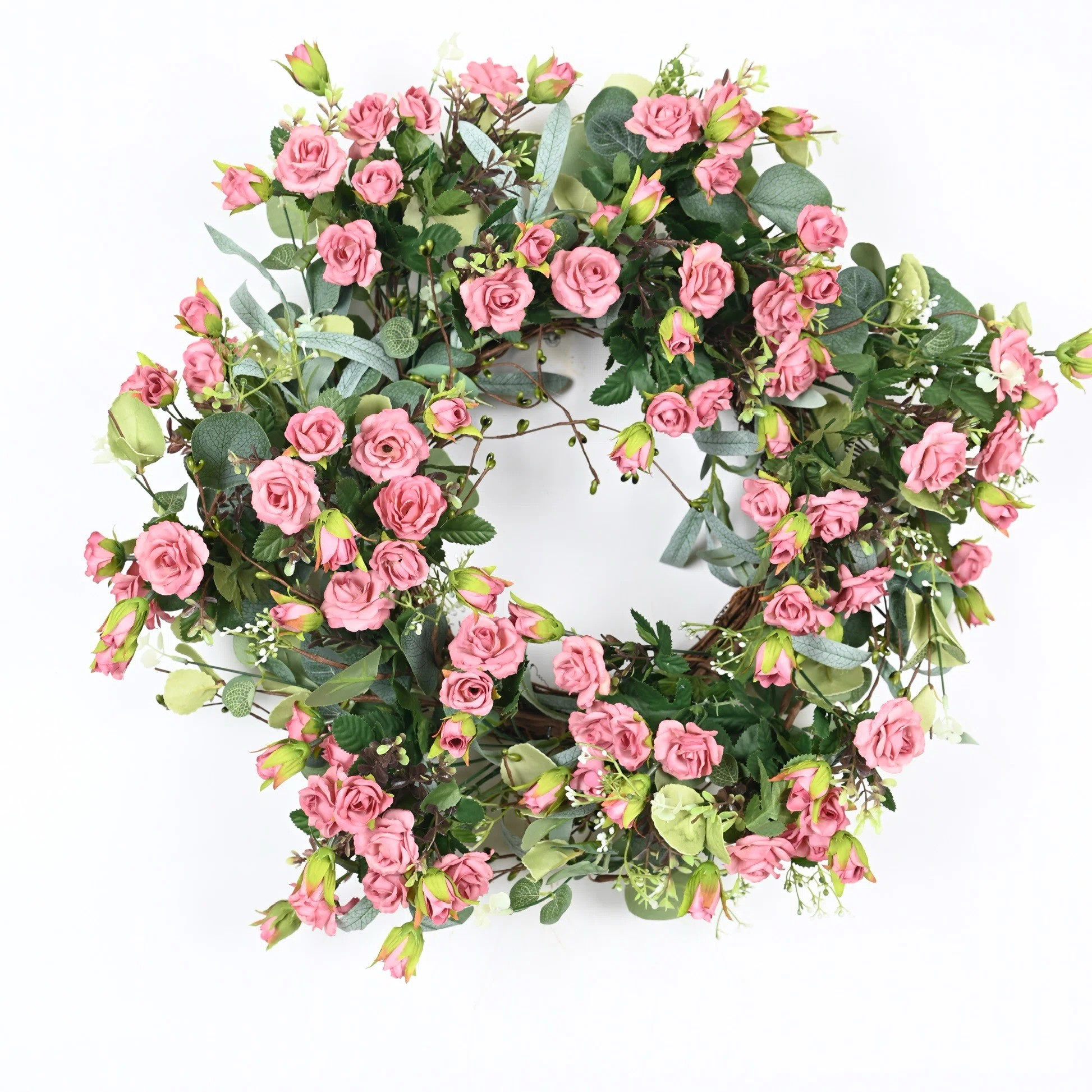 22" Artificial Farmhouse Spring Summer Blossoms Cluster Foliage Rose Floral Wreath For Front Door | Wayfair North America