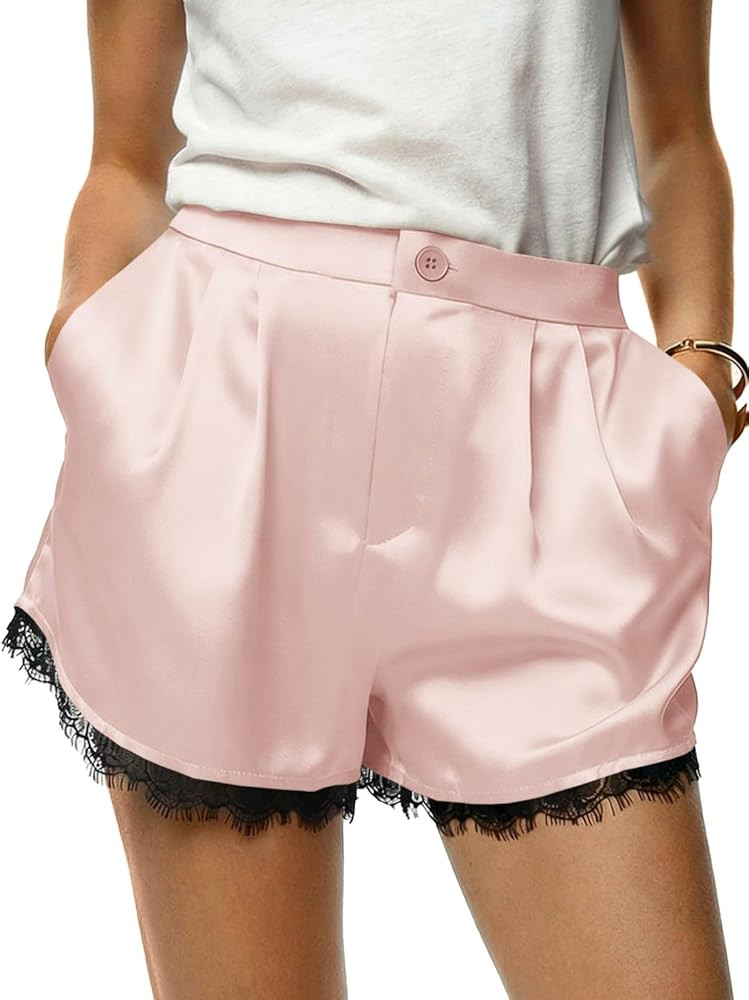 Tankaneo Womens Satin Silk Shorts Summer Casual High Waist Lace Button Lounge Shorts with Pockets | Amazon (US)