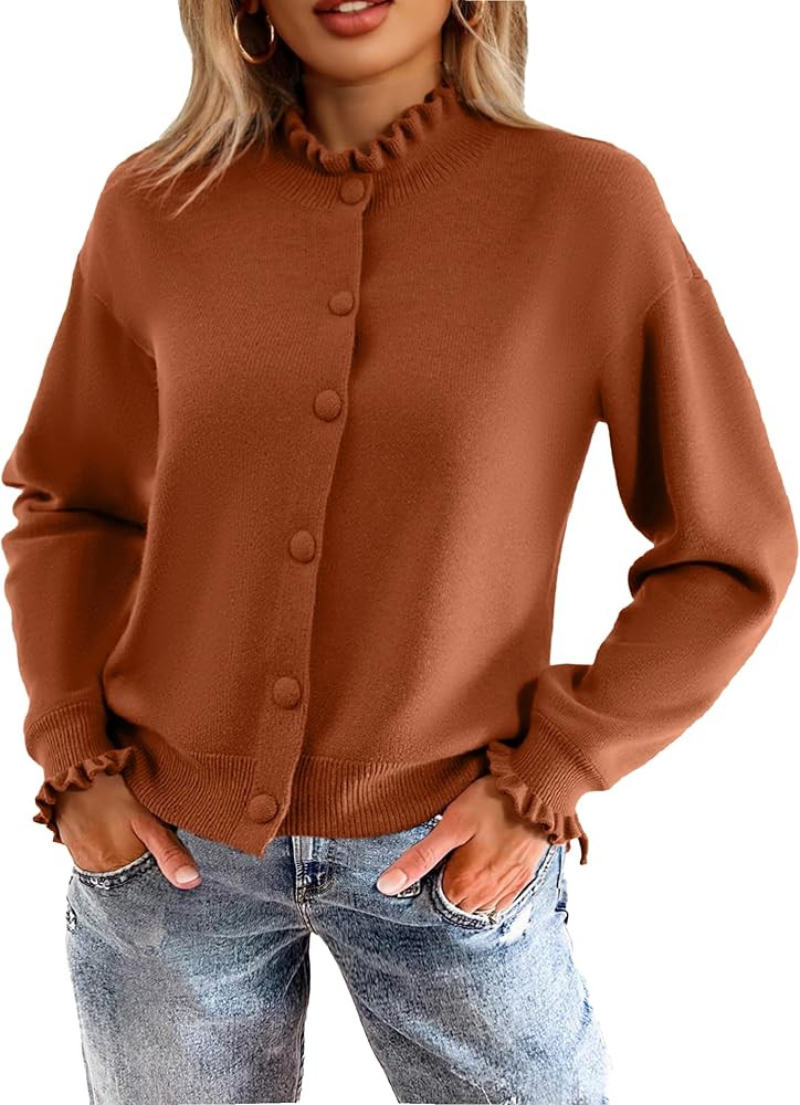 Simplee Short Knit Fall Cardigan Sweaters Cute Ruffle Mock Neck Long Sleeve Button Down Open Fron... | Amazon (US)