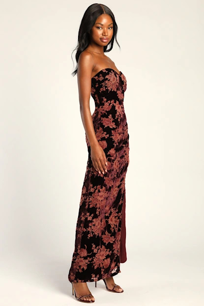 Exquisite Wine Red Floral Burnout Velvet Strapless Maxi Dress | Lulus (US)