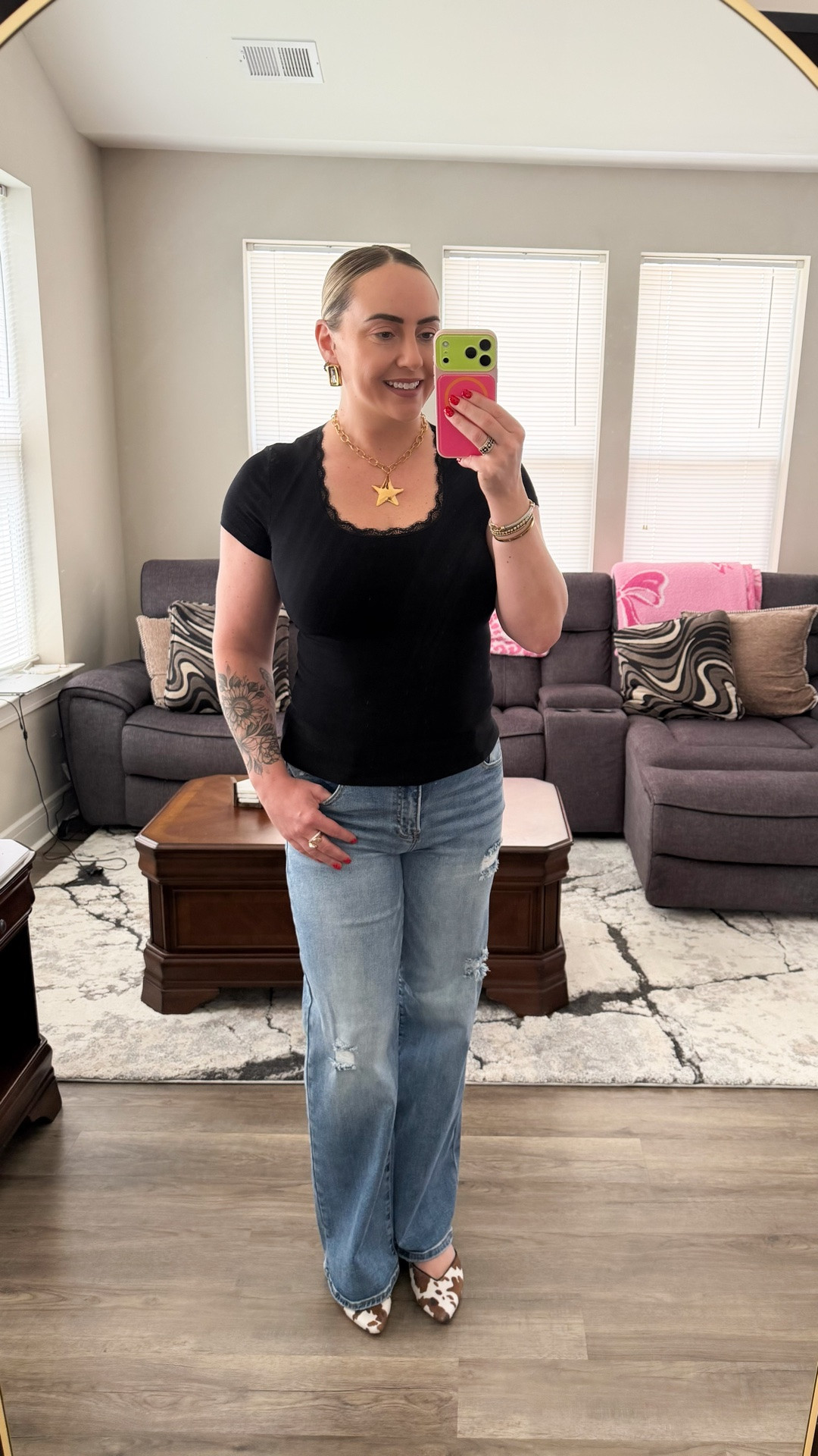 This isn’t your basic black tee. The lace trim scoop neckline gives it such a feminine, elevated look while still being soft, stretchy, and easy to wear. I love it with jeans now, but it’ll be just as cute layered under a cardigan, blazer, or jacket for fall. Such a good everyday staple with a little something extra. 

Girls my jeans are from WalkerRose they are the Risen Vanessa jeans! Flats are old from last year Nordstrom Rack

#LTKootd #LTKstorytime #LTKTall