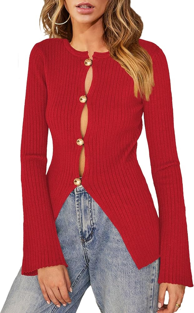 Womens 2025 Fall Gold Button Split Front Cardigan Slim Fitted Long Sleeve Trendy Asymmetrical Kni... | Amazon (US)