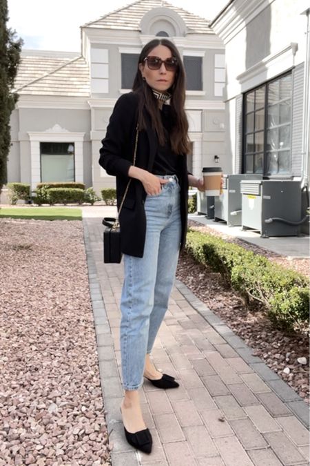 Casual chic outfit with black blazer and pointy black shoes 🖤☕️

Mom jeans, blue straight jeans, jeans outfit, cute outfit with jeans, black blazer outfit, black pointy shoes, casual work outfit, cute neck scarf 

#LTKworkwear #LTKstyletip #LTKunder100