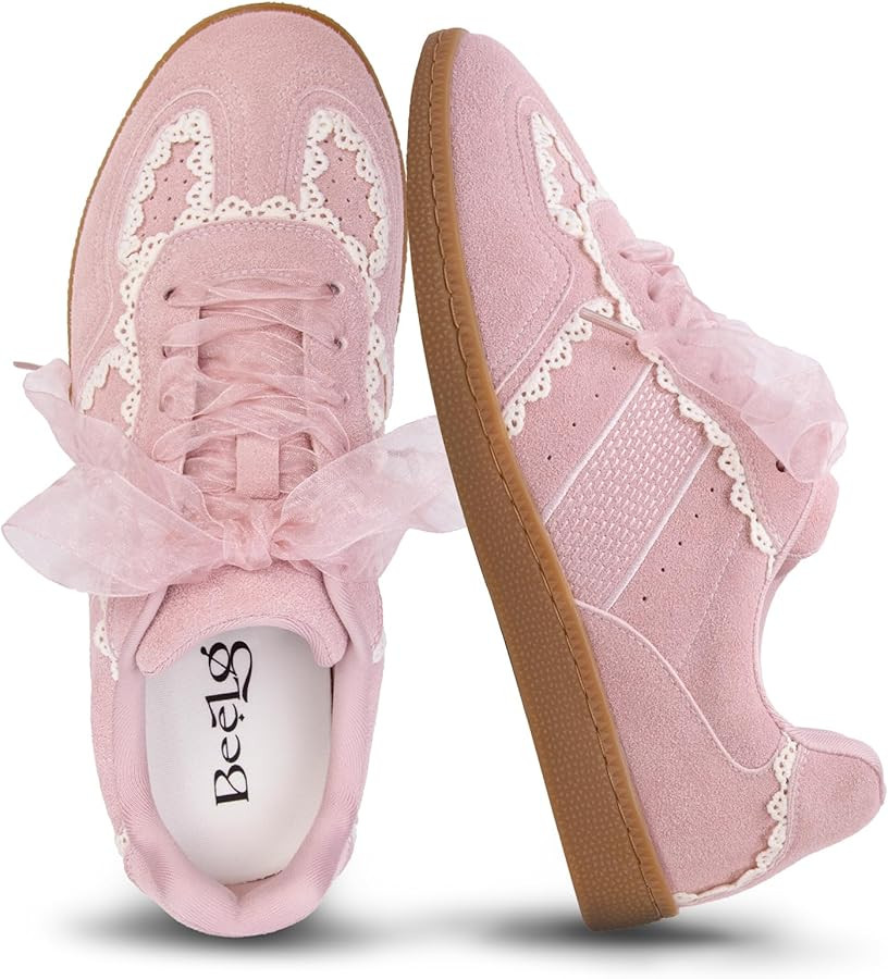 Casual Sneakers for Women Lace Detail – Elegant Ribbon Lace-Up Fashion Sneakers with Leather Up... | Amazon (US)