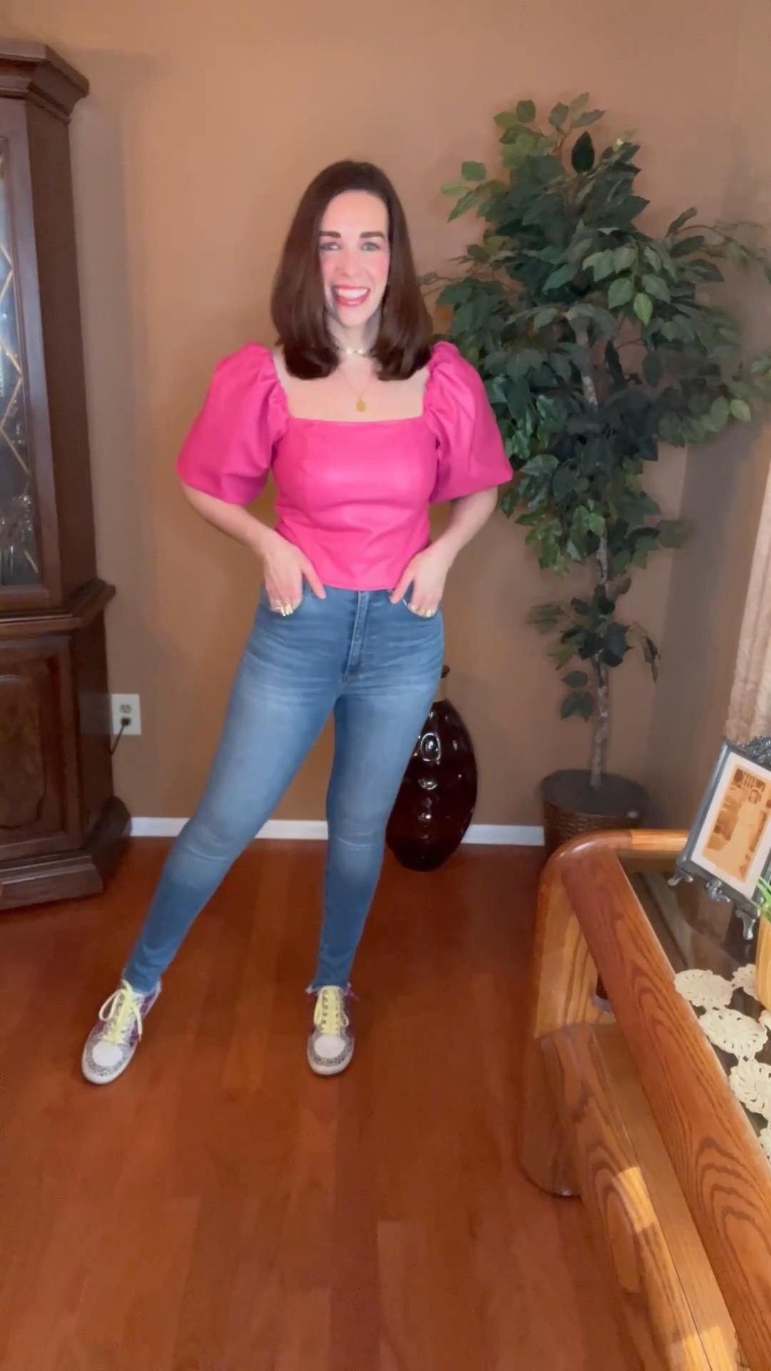 Pink faux leather crop top (size small). High waisted jeans (size 4). Sneakers (size 8.5). #top #pinktop #fauxleathertop #croptop #jeans #denim #highwaistedjeans #highwaisteddenim #sneakers #springoutfit #summeroutfit #multicolorsneakers 
Spring Outfit Summer Outfit 

#LTKSeasonal #LTKStyleTip #LTKFindsUnder100