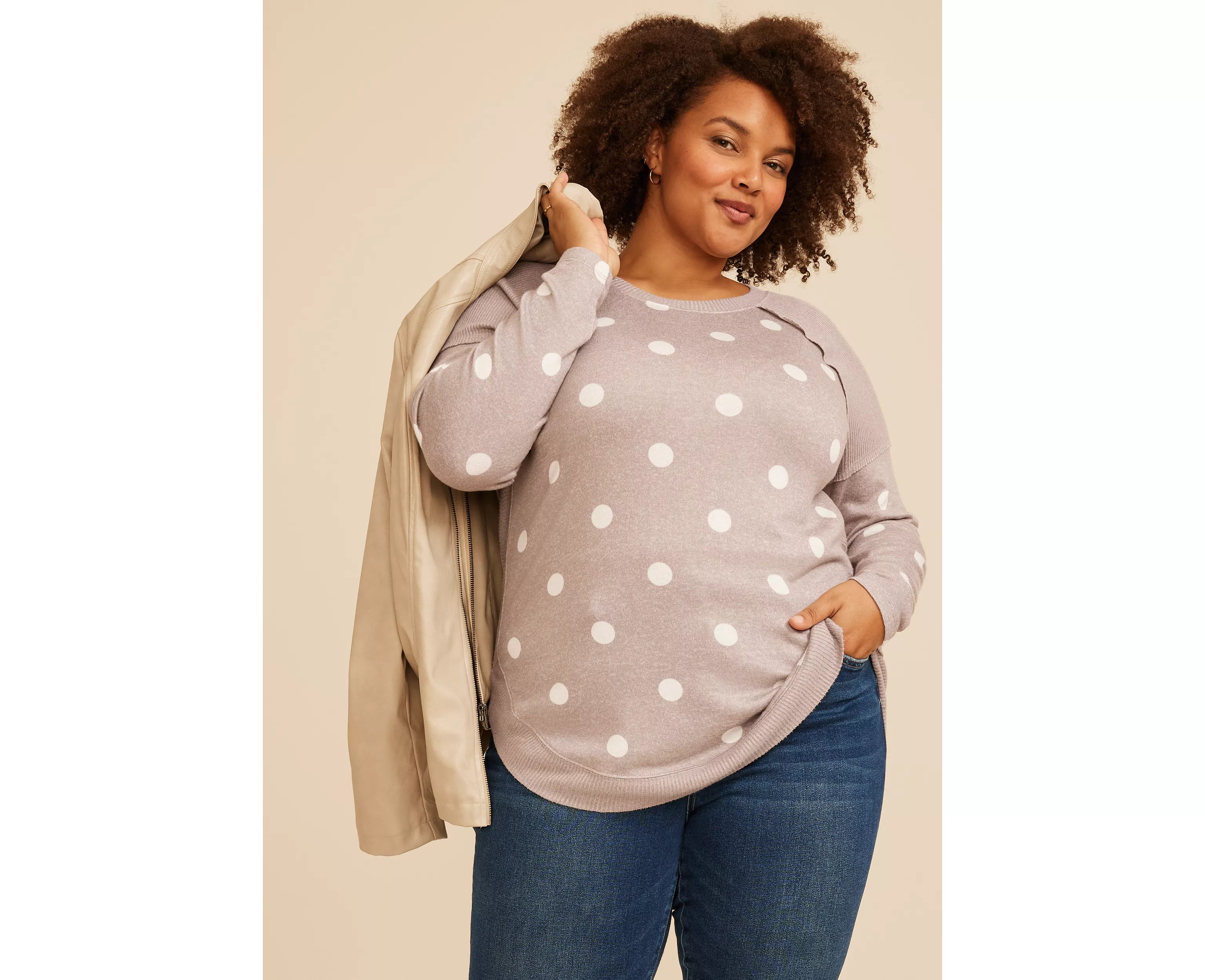 Plus Size Haven Polka Dot Ribbed Trim Hacci Tunic Top | maurices | Maurices