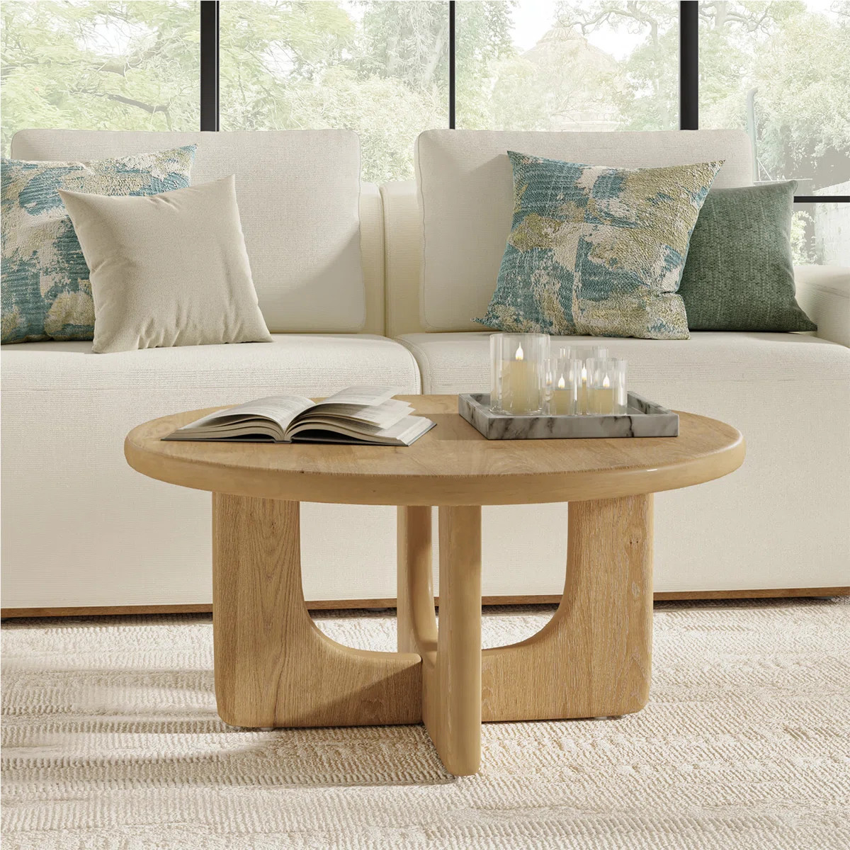 Gala 36" W Modern Round Oak Veneer Coffee Table With Solid Wood Legs | Wayfair North America