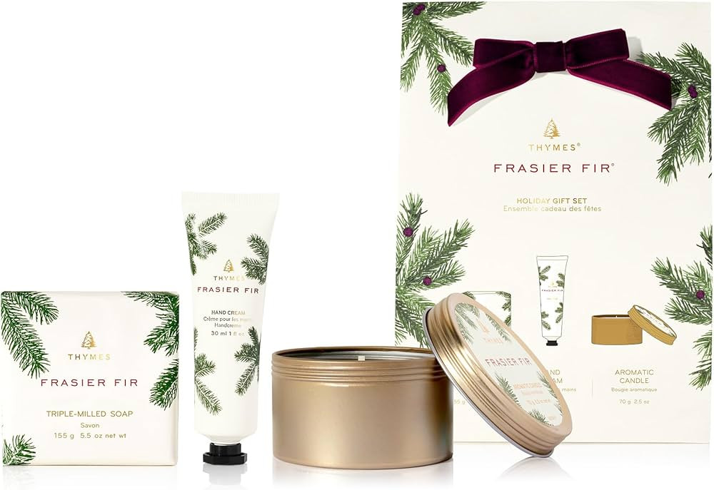 Thymes Frasier Fir Hand Cream, Travel Tin Candle Jar and Bar Soap Gift Set - Scented with Notes o... | Amazon (US)