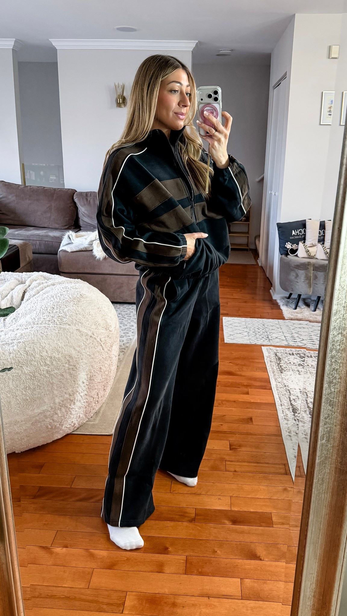 Steady State oversized zip up and track pant in black/walnut crunch brown/light ivory stripe. Wearing an XS in both. I’m 5’6” and the pants are the perfect length. 

#LTKgrwm #LTKActive