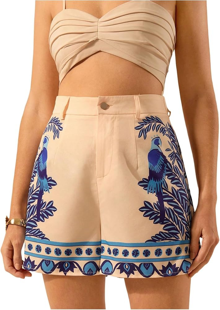 MakeMeChic Women's Tropical Print Wide Leg Shorts Button Front Zip Fly Boho Shorts | Amazon (US)