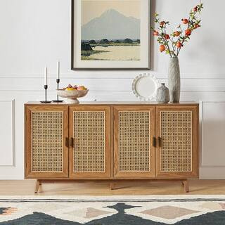 Buthrotos 56.8 in. W Walnut TV Stand for TVs up to 65 in. with Storage Room and 4-Rattan Doors | The Home Depot