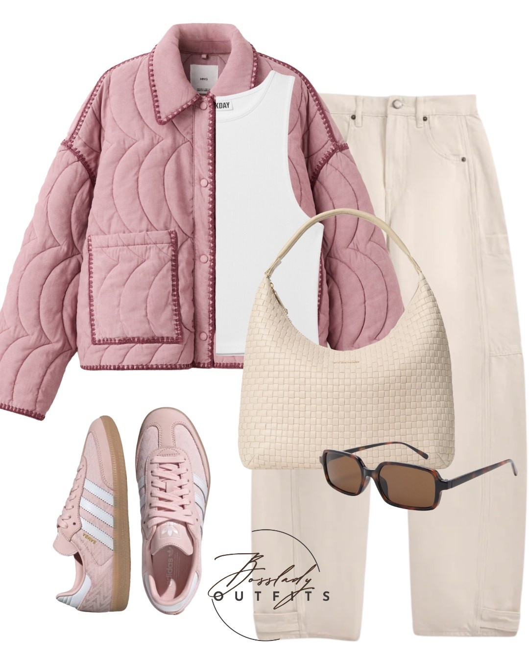 Ready for warmer weather? 🌸 This is my absolute favorite casual spring outfit 2026! I am obsessed with mixing pastel pinks with creamy neutrals right now. This lightweight quilted jacket is the perfect transition piece over a classic white ribbed tank and ecru wide-leg jeans. Plus, you can never go wrong with a pair of pink Sambas and a chic woven bag for that effortless everyday look. Shop the exact pieces below! 👇🏼✨

#LTKstyletip #LTKbag #LTKshoes