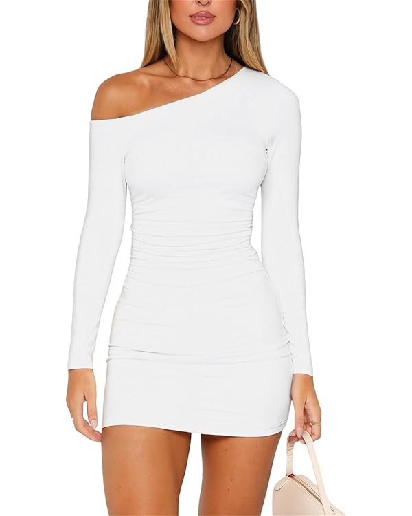 ForeFair Women's Off The Shoulder Long Sleeve Mini Dresses Double Lined Ruched Bodycon Club Party... | Amazon (US)