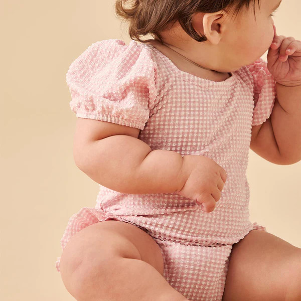 Gingham Seersucker Puff Sleeve Swimsuit | Baby Mori (US)