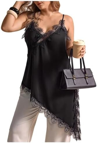 MakeMeChic Women's Plus Size Floral Lace Trim Satin Tank Tops Asymmetrical Spaghetti Strap Sleeve... | Amazon (US)
