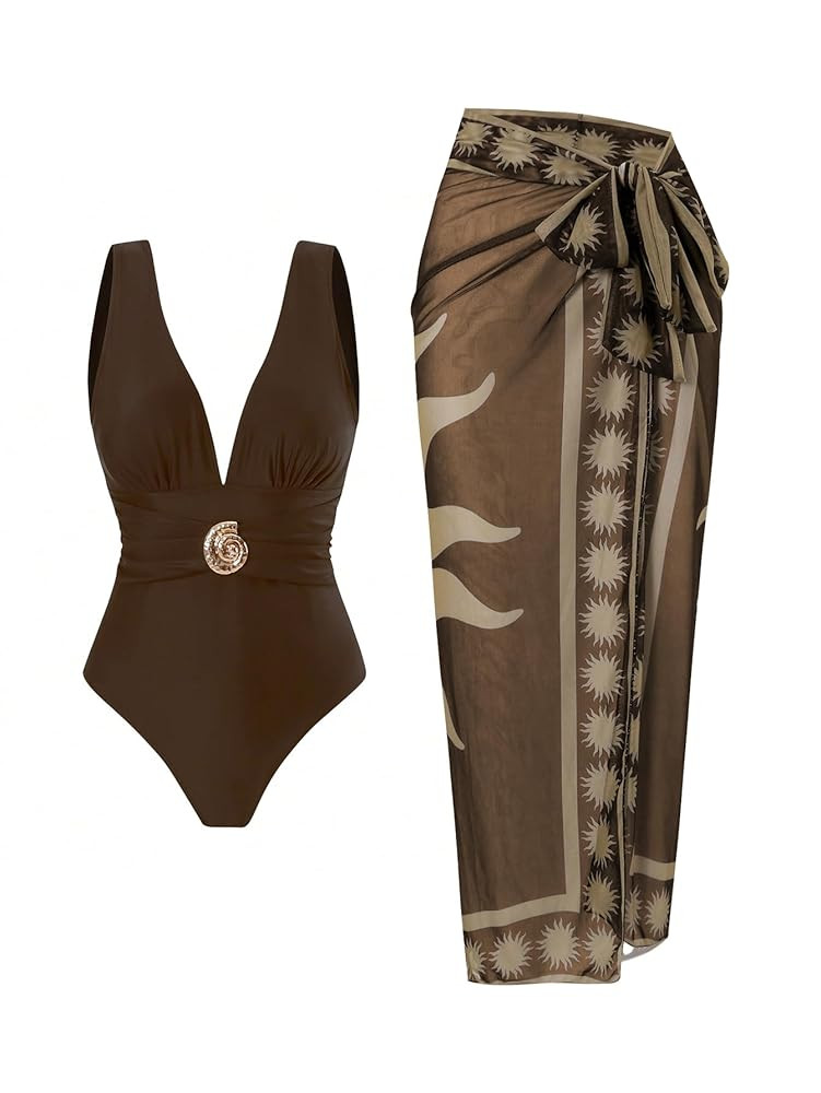 SherryDC One Piece Swimsuit with Cover up Wrap Skirt Sarong Floral Print Plunge V Neck Bathing Su... | Amazon (US)