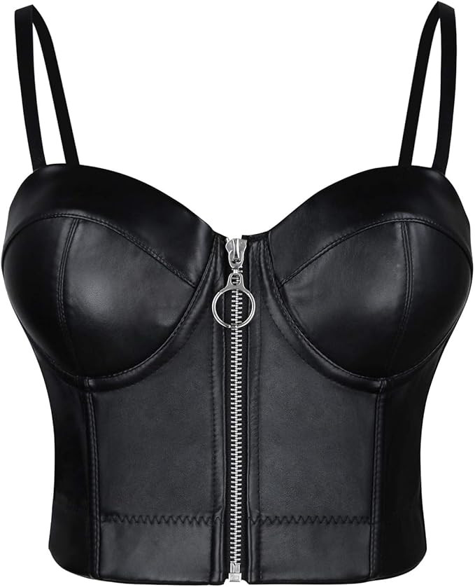 Charmian Women's Spaghetti Straps PU Leather Bustier Crop Top | Amazon (US)
