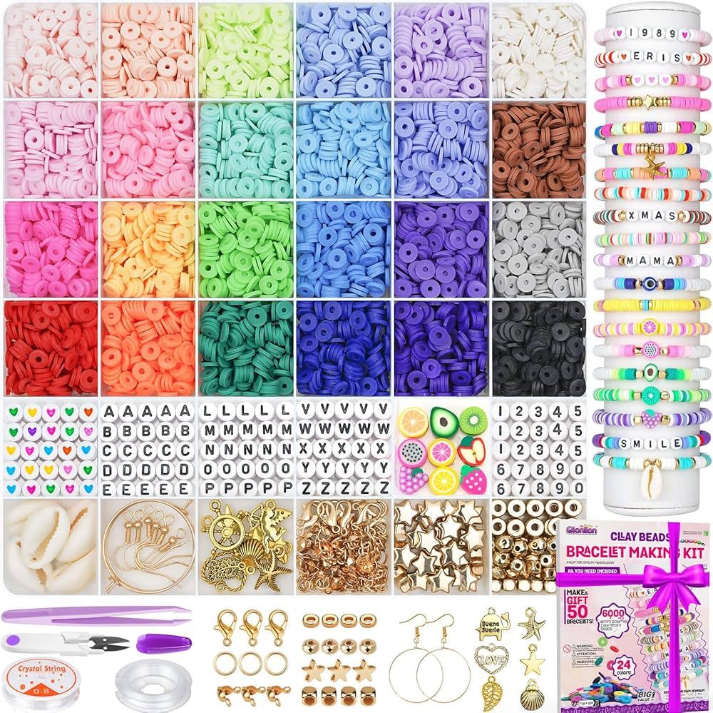 Gionlion 6000 Clay Beads Bracelet Making Kit, 24 Colors Flat Preppy Beads for Friendship Bracelet... | Amazon (US)