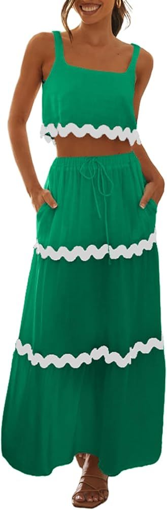 Summer Dresses for Women Maxi Vacation 2 Piece Outfit Cropped Skirt Set with Pockets | Amazon (US)