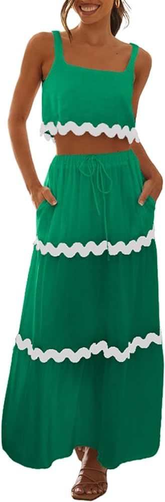 Summer Dresses for Women Maxi Vacation 2 Piece Outfit Cropped Skirt Set with Pockets | Amazon (US)