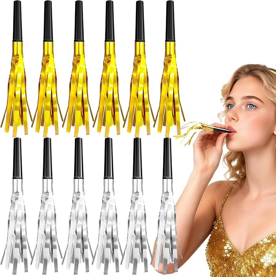 12 Pieces Gold Silver Noise Makers Glitter Noise Makers Metallic Fringed Party Blowers for Adults... | Amazon (US)