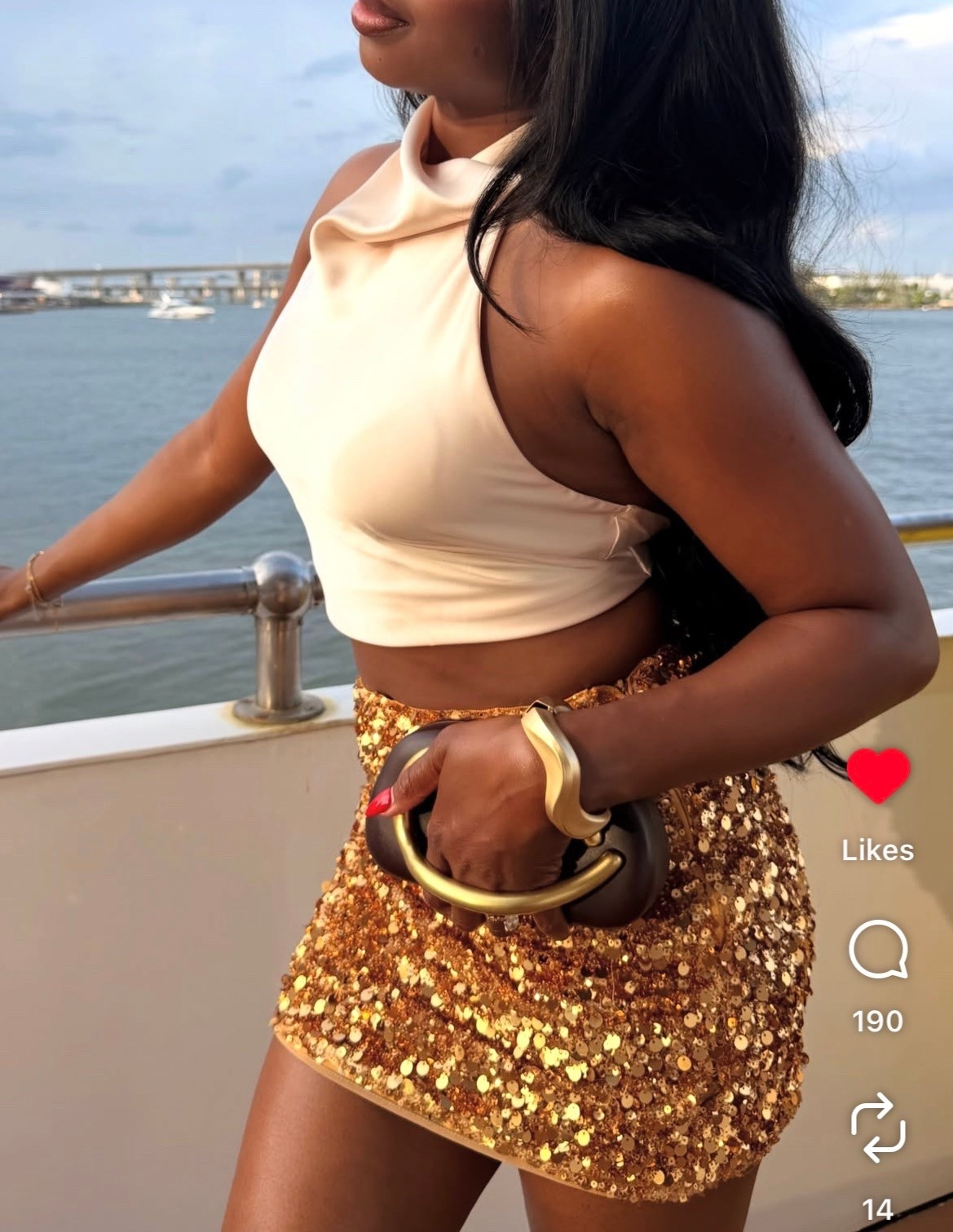 Gold sequin mini skirt
White satin cropped halter top
Brown ring bag

#LTKootd #LTKPetite #LTKBeauty