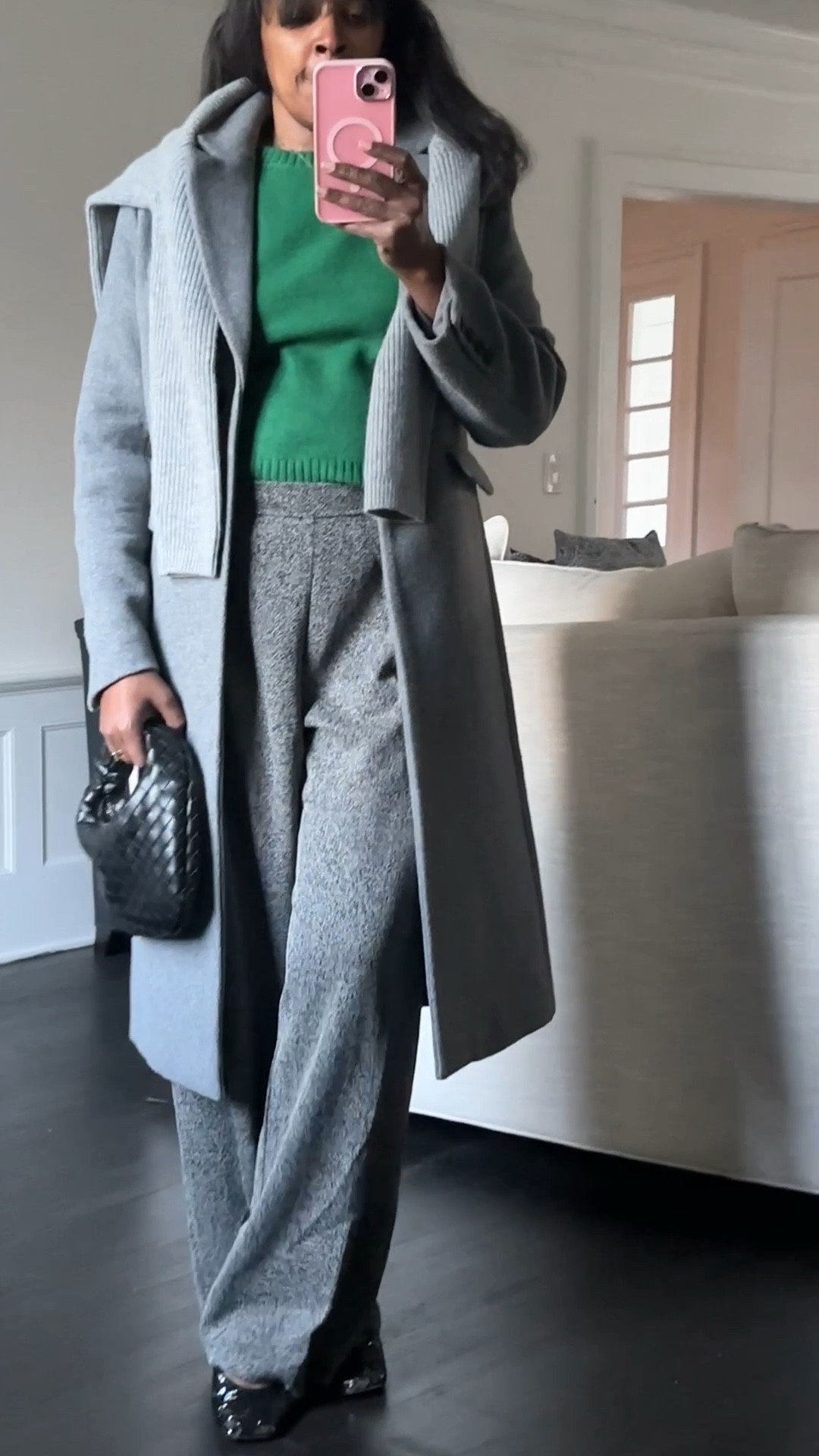 Fall outfit Wide leg pants green knit sweater gray coat Mongolian cashmere sweater sequin shoes black bag #style #fashion #fall #outfit #holiday 

#LTKOver40 #LTKHoliday #LTKStyleTip