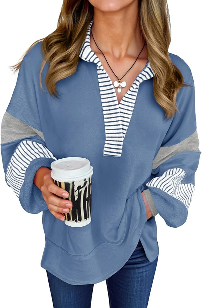 Fisoew Womens Color Block Oversized Sweatshirt Polo V Neck Long Sleeve Shirts Casual Loose Pullov... | Amazon (US)