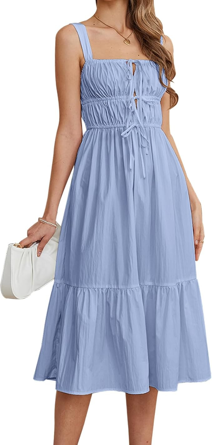 GLNEGE Women's Summer Midi Dress Casual Flowy Sleeveless Dresses 2024 Square Neck Solid Color A L... | Amazon (US)