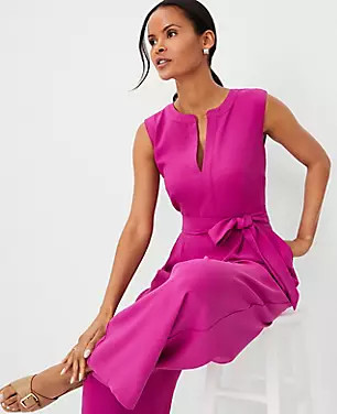 Split Neck Sleeveless Tie Waist Jumpsuit | Ann Taylor (US)