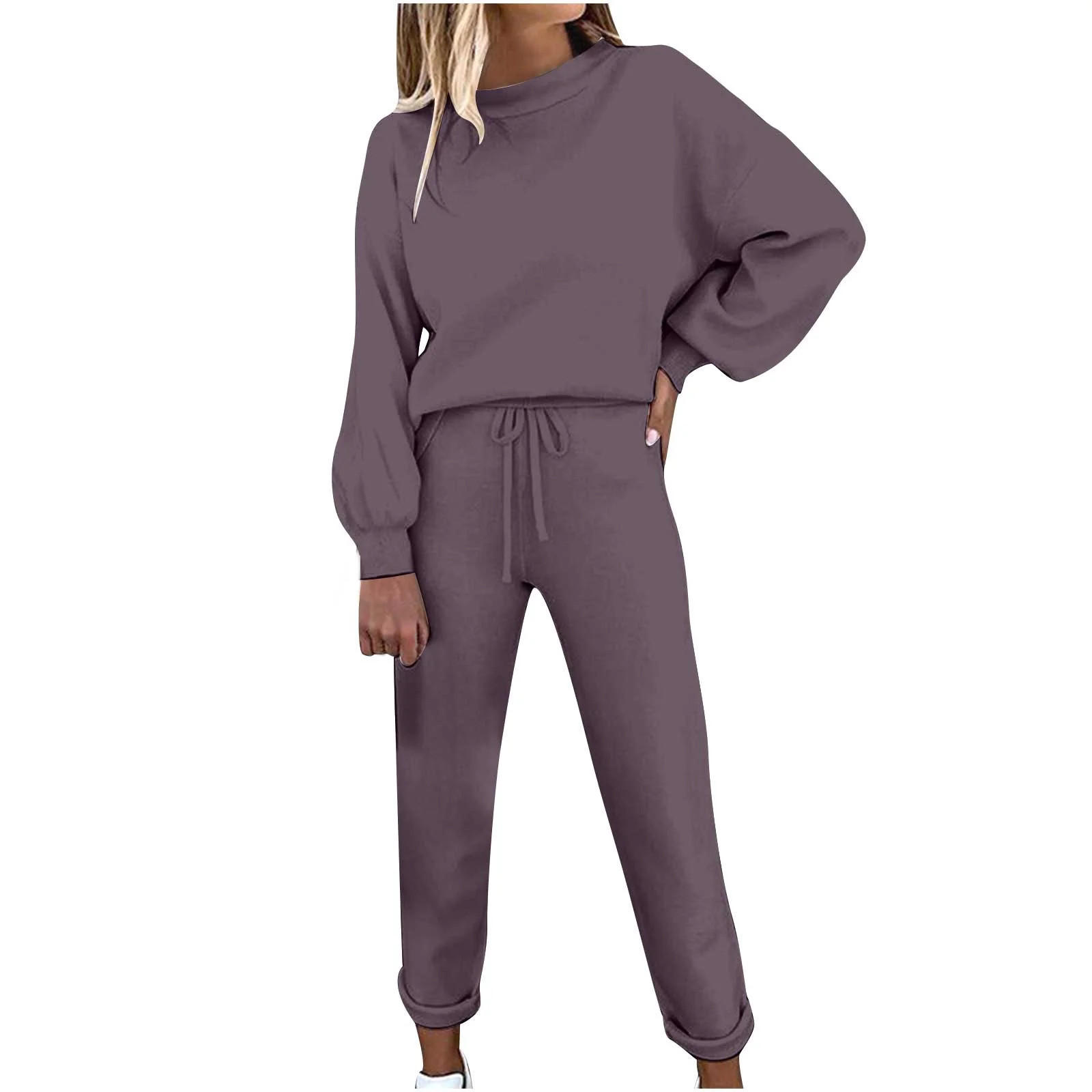 Amidoa 2 Pcs Lounge Sets for Women Lantern Sleeve Crewneck Sweatshirt with Pajama Pant Tracksuit ... | Walmart (US)