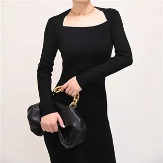 Square-Neck Plain Split Skinny Dress Black - One Size | YesStyle Global
