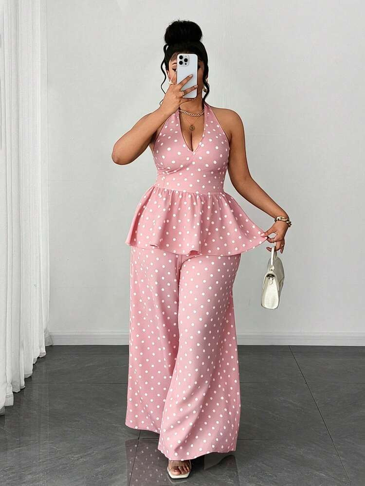 Maweii Plus Size Women's Polka Dot Halter Neck Ruched Top And Wide Leg Pants Casual 2 Pieces Set | SHEIN