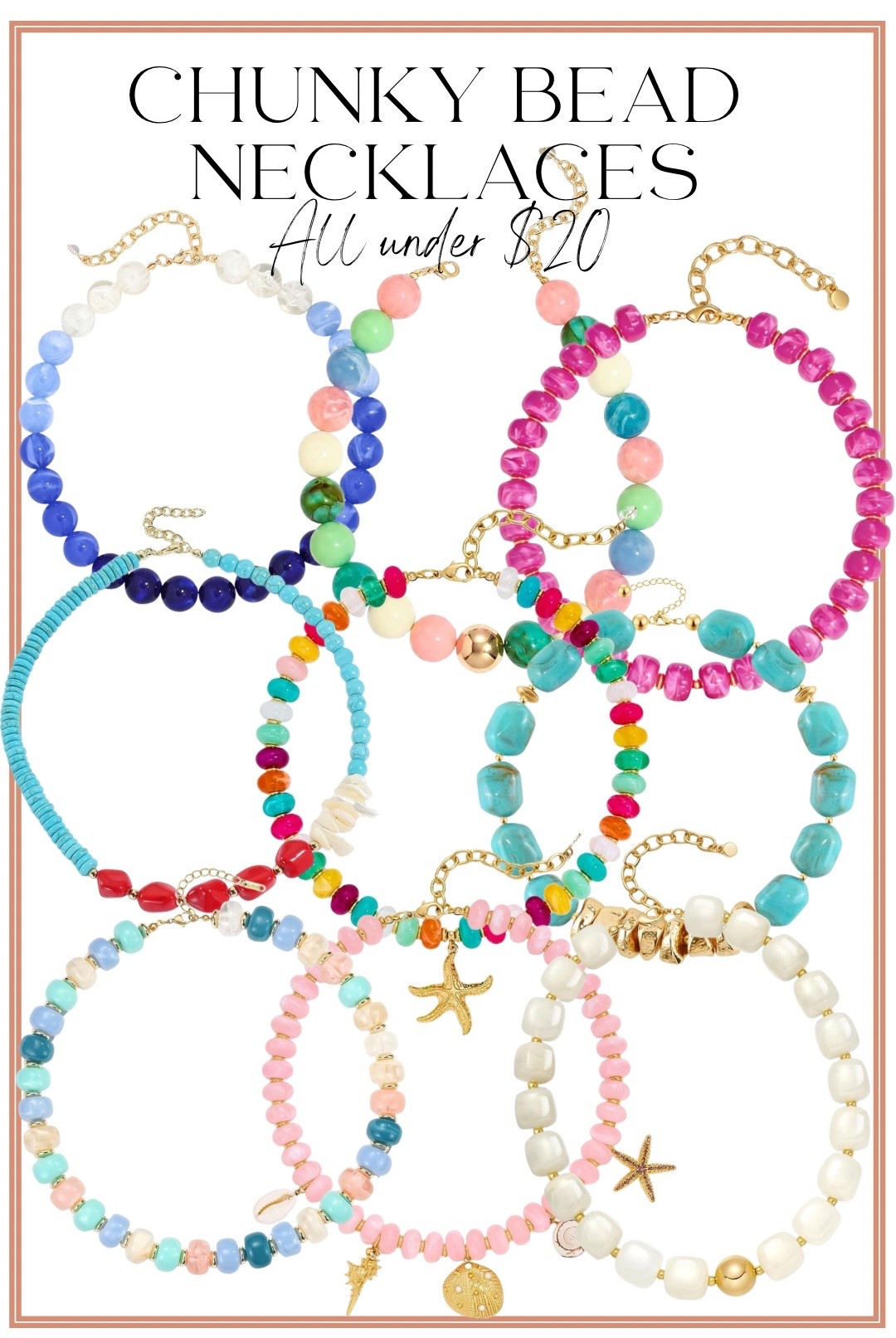 ✨ The accessory trend I can’t stop wearing this summer… chunky bead necklaces! 😍

These colorful statement necklaces instantly elevate even the simplest outfit and make every look feel fun, polished, and vacation-ready. From coastal-inspired turquoise beads to bright pops of pink and multicolor styles, every single one is under $20 and looks so much more expensive than it is!

💙 Perfect for summer outfits
🩷 Adds a pop of color to basics
✨ Great for beach vacations, brunch, and everyday wear
🌴 Coastal chic vibes without the designer price tag
💸 All under $20

Whether you’re styling a simple white tee, a sundress, or your favorite Walmart fashion finds, these affordable accessories are the easiest way to complete the look.

#ChunkyBeadNecklace #StatementJewelry #SummerAccessories #AffordableFashion #FashionFinds #CoastalStyle #BeachyStyle #VacationStyle #ColorfulJewelry #SummerFashion #AccessoryFinds #TrendingAccessories #WalmartFashion #AmazonFinds #BoutiqueStyleForLess #FashionOnABudget #SummerStyle #JewelryLover #OOTD #StyleInspiration

#LTKootd #LTKPetite