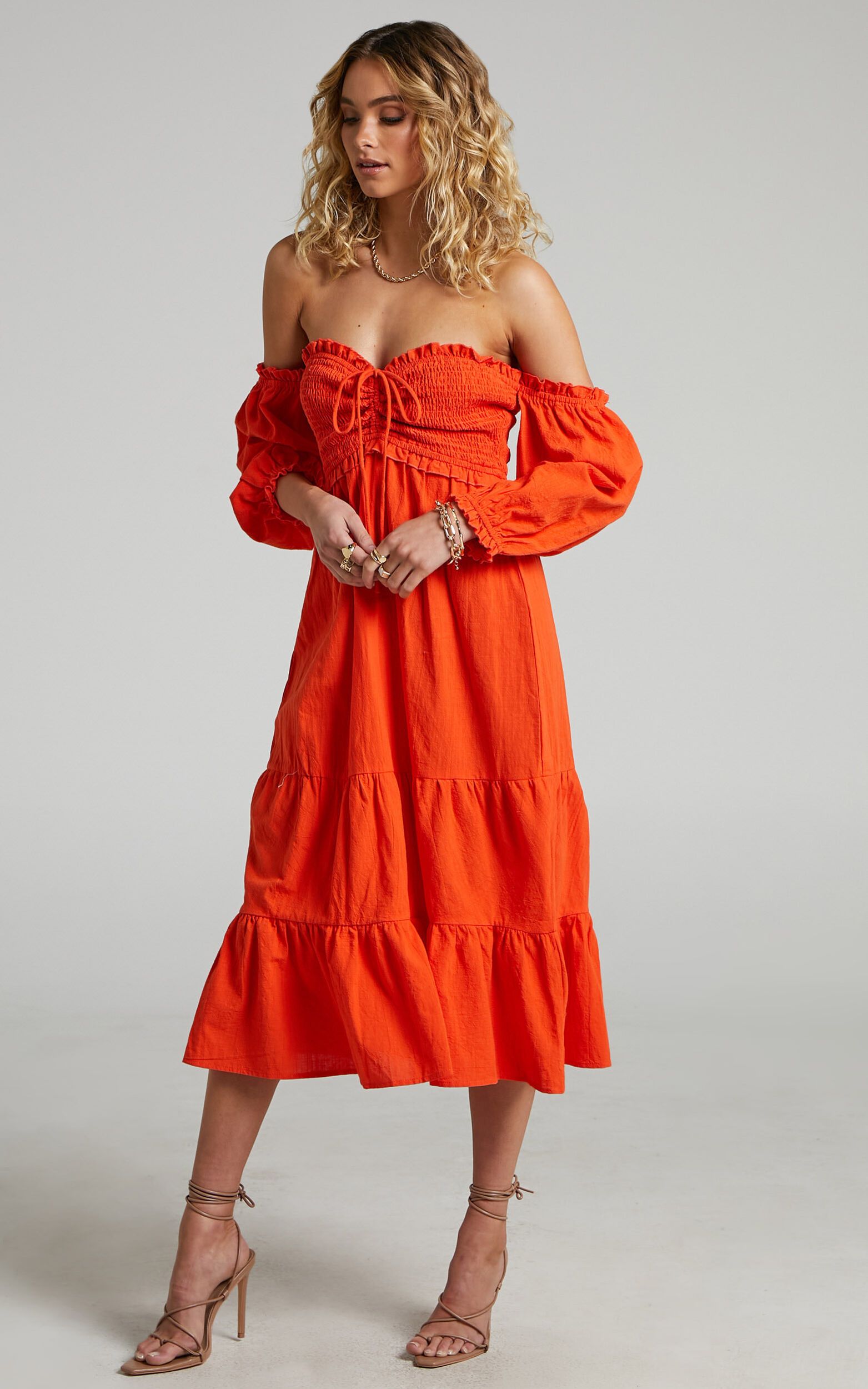 Nikka Midi Dress - Shirred Off Shoulder Puff Sleeve Dress in Oxy Fire | Showpo (US, UK & Europe)