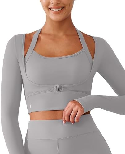 Amazon.com: BRXL Long Sleeve Halter Tee for Women with Thumb Hole Cropped Tops Slim Fit Athletic ... | Amazon (US)